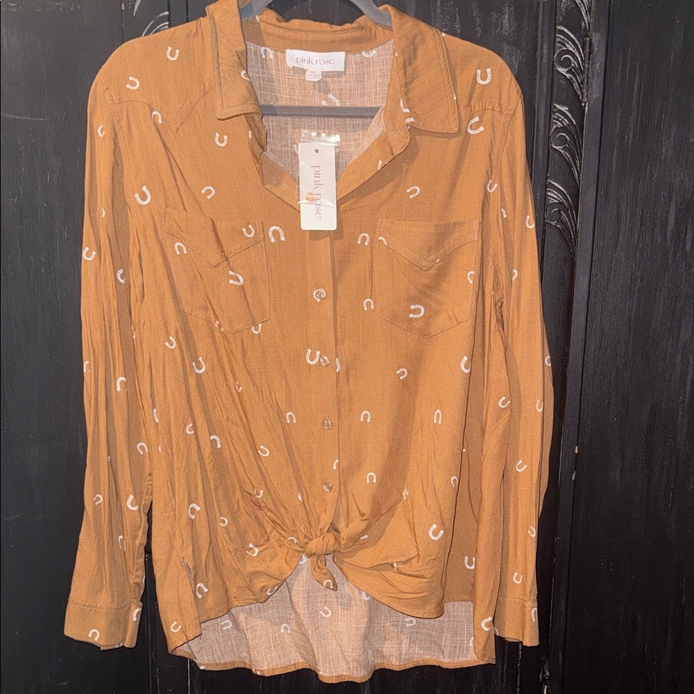 Pink Rose Women's Brown Horseshoe Button-Down Shirt
